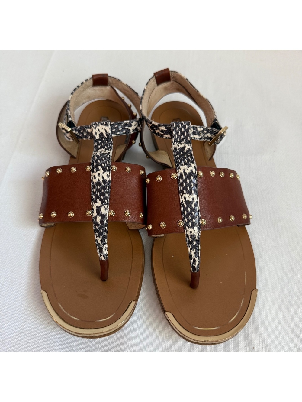 Louise et Cie Brown Leather Studded Sandals Snakeskin Animal Print Flat 6.5